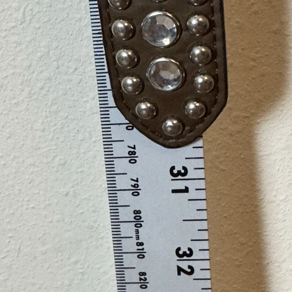 Genuine Leather Studded Rhinestone Belt Brown Silver Tone Western Style 26